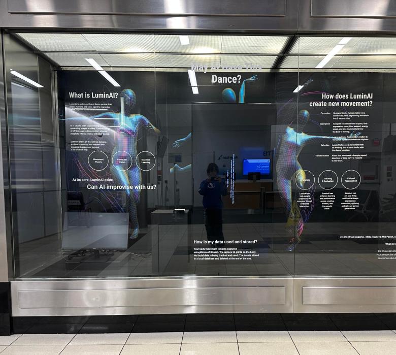 Wall display with diagrams and glowing human figures illustrating how the LuminAI system senses movement and generates new choreography.