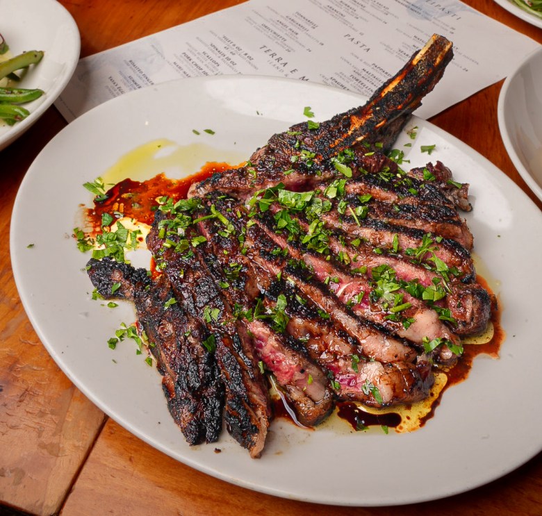 A platter sliced medium-rare cooked steak from KR Steakbar in Atlanta.