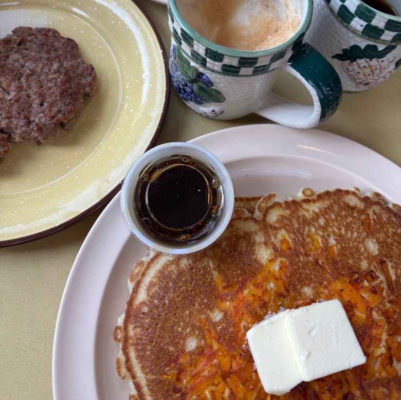 Collard, egg, and cheese hoecake and squash pancakes at Pure Quill Superette. (Photo by Beth McKibben)