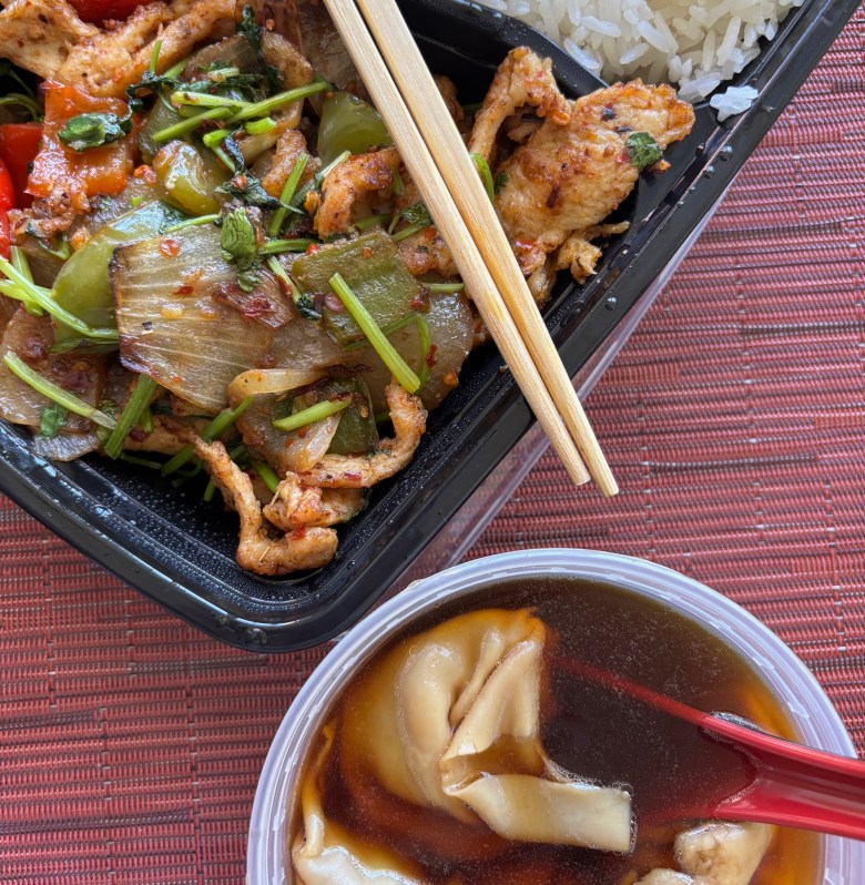 The $13 Lunch Box special at The Sparrow in Midtown Atlanta with ordered basil chicken, white rice, and a cup of wonton soup.
